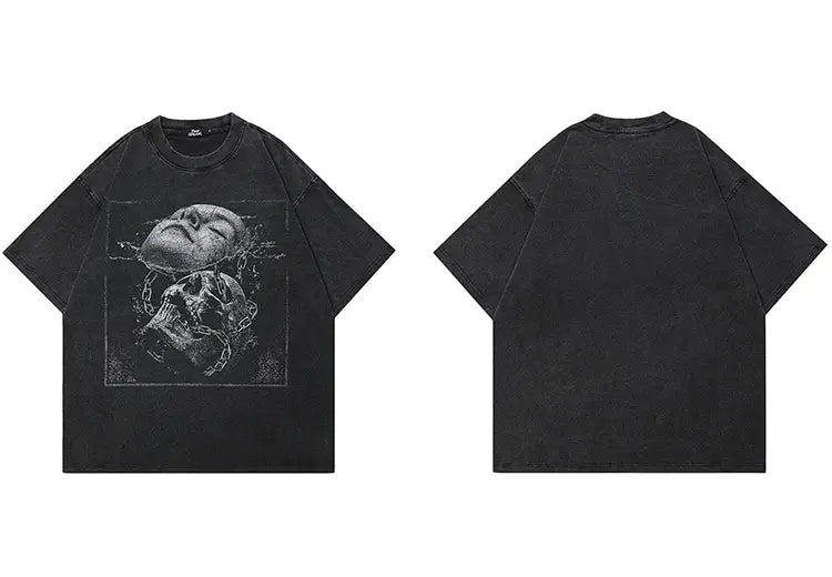 Hip Hop Streetwear Retro Washed Black T-Shirt Men Cracked Face Skull Graphic T Shirt Cotton Tshirt Harajuku Tops Tee Unisex