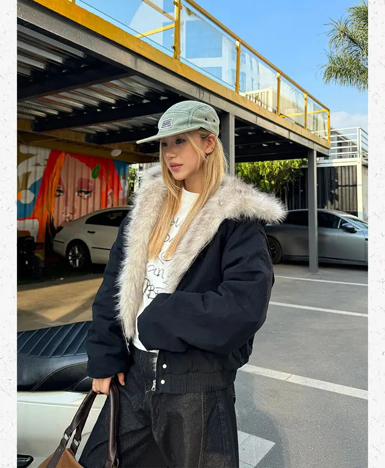 American Retro Fur Collar Hooded Jacket Women Y2K Streetwear Winter New Velvet Thickened Warm Harajuku Loose Casual Jacket