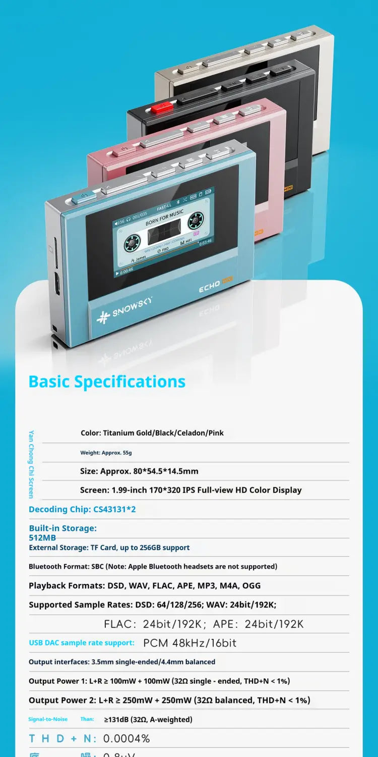 Fiio Snowsky Echo Mini Wireless Bluetooth Mp3 Mini Walkman 8GB Custom Support Dsd Retro Portable Bluetooth Player Music Gift Man