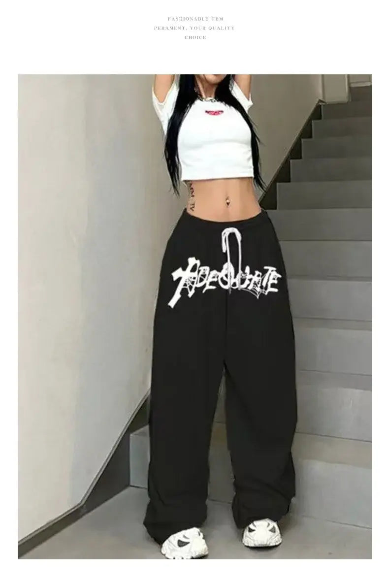 New American Style White Hip Hop Jazz Dance High Waist Loose Straight Leg Wide Leg Drawstring Sports Fashion Trousers