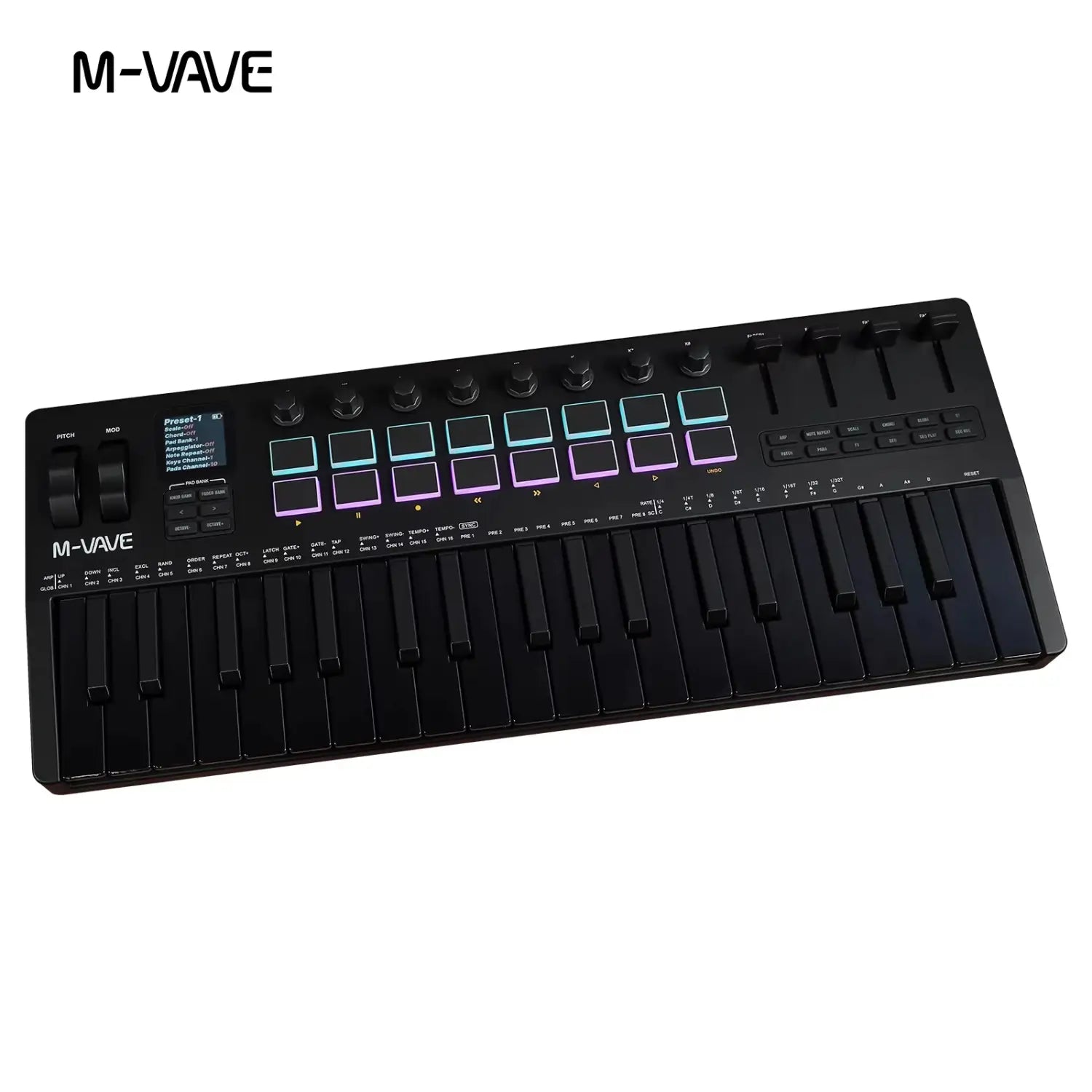 M-VAVE SMK-37 PRO 37-Key MIDI Controller Black - 16 RGB Pads 8 Knobs Built-in Synthesizer Portable Music Production Keyboard