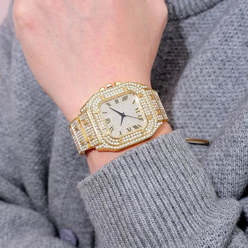 Brand Luxury Men’s Watches Stylish Alloy Strap Hip Hop Diamond Gold Date Quartz Watch Montre Homme