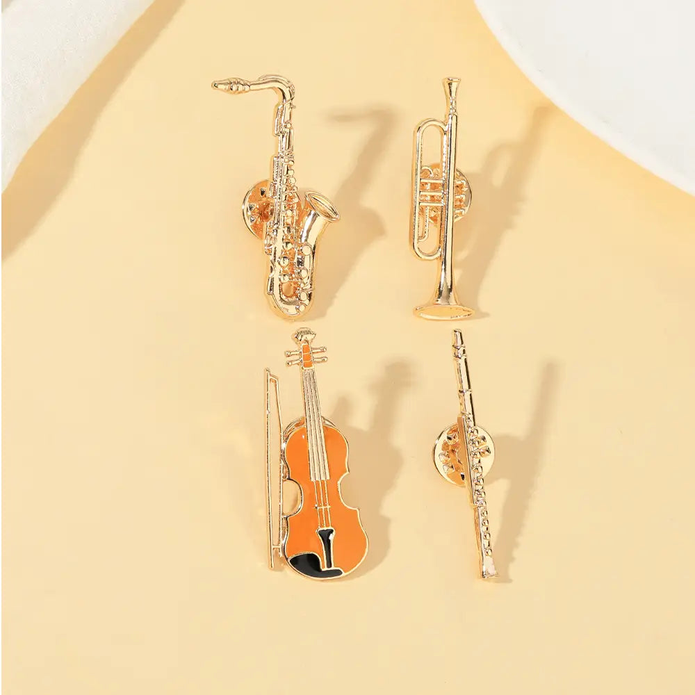 4Styles Classic Trumpet Flute Violin Sax Shaped Golden Pins Musical Instrument Cello Design Brooches Music Theme Badge