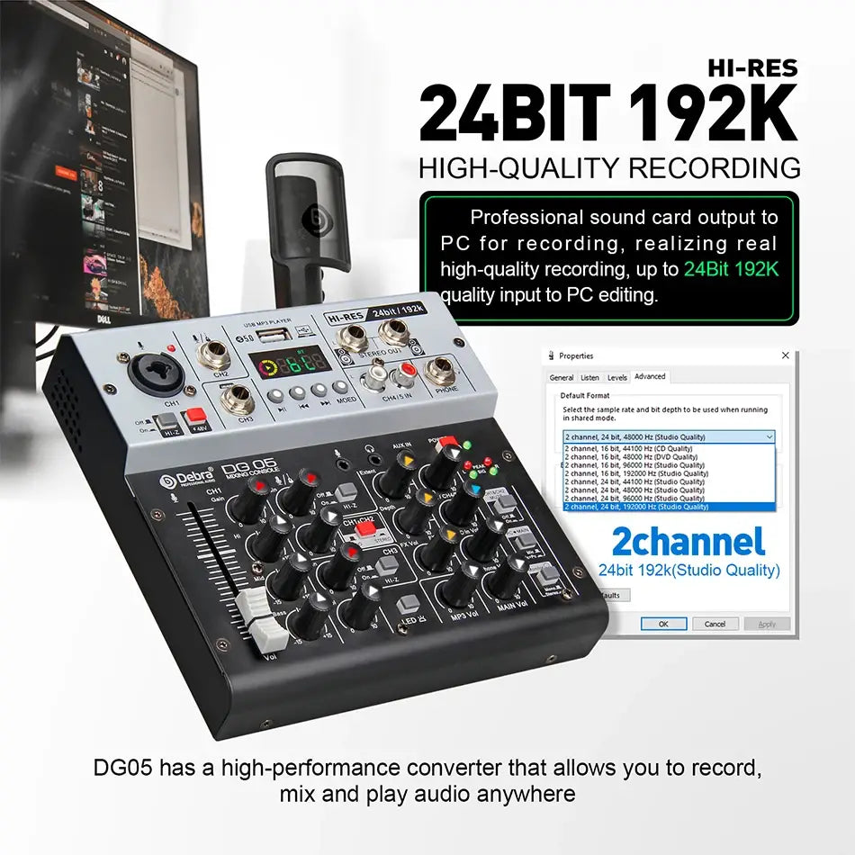 Debra Professional 24bit 192K USB Studio Recording Audio Interface DJ Console Noise Cancelling Function for Sound Card Mixer