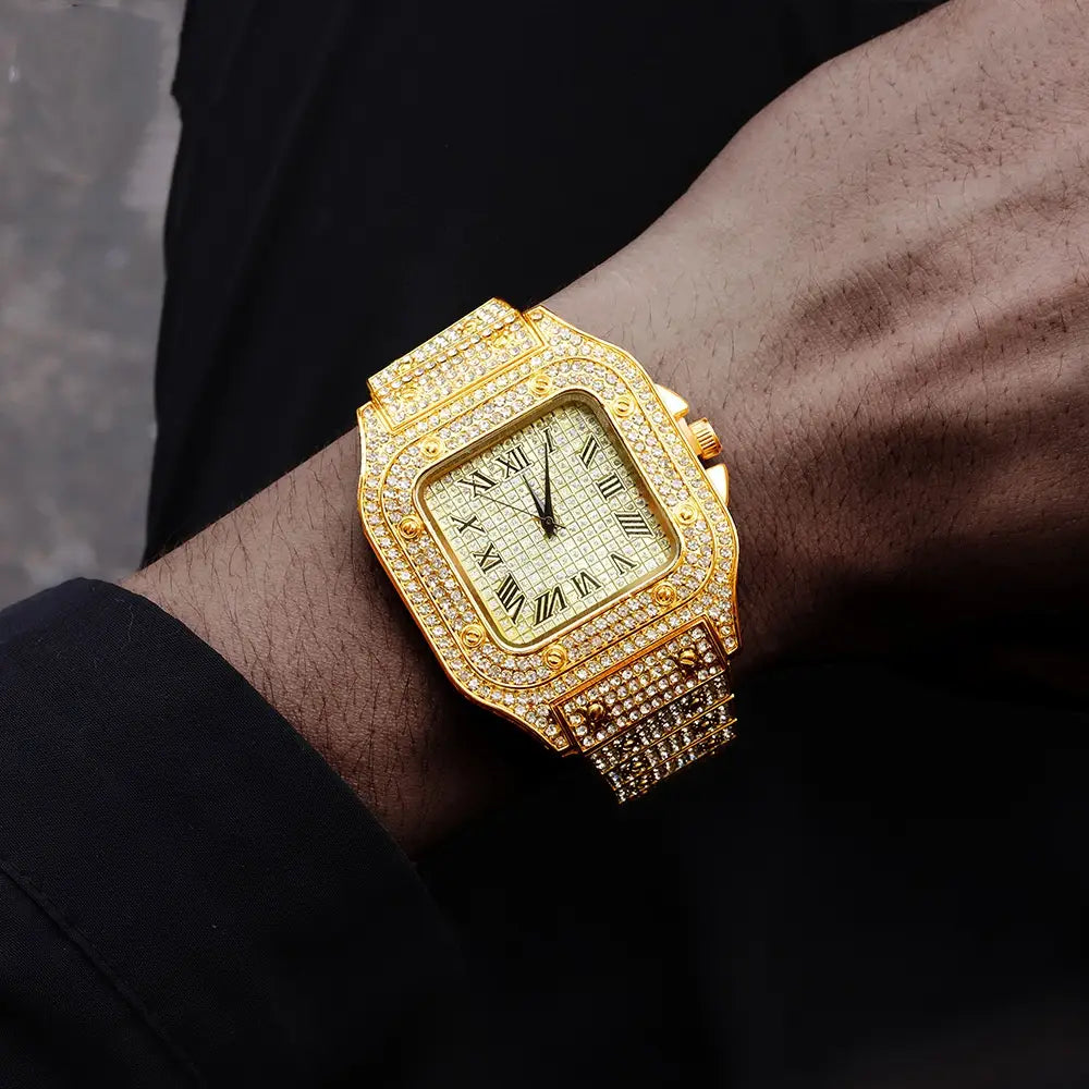 Brand Luxury Men’s Watches Stylish Alloy Strap Hip Hop Diamond Gold Date Quartz Watch Montre Homme
