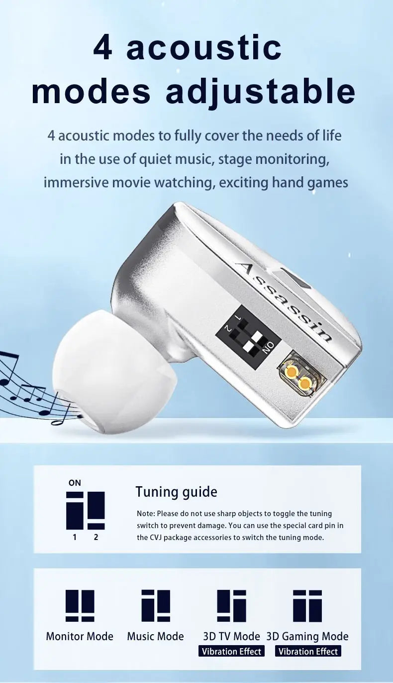 CVJ Assassin Silver in Ear Earphones 1BA + 1DD + 1Vibrate Game Mode HIFI Microphone Hybrid Tuning Switch Wired Earbuds IEM Headphone