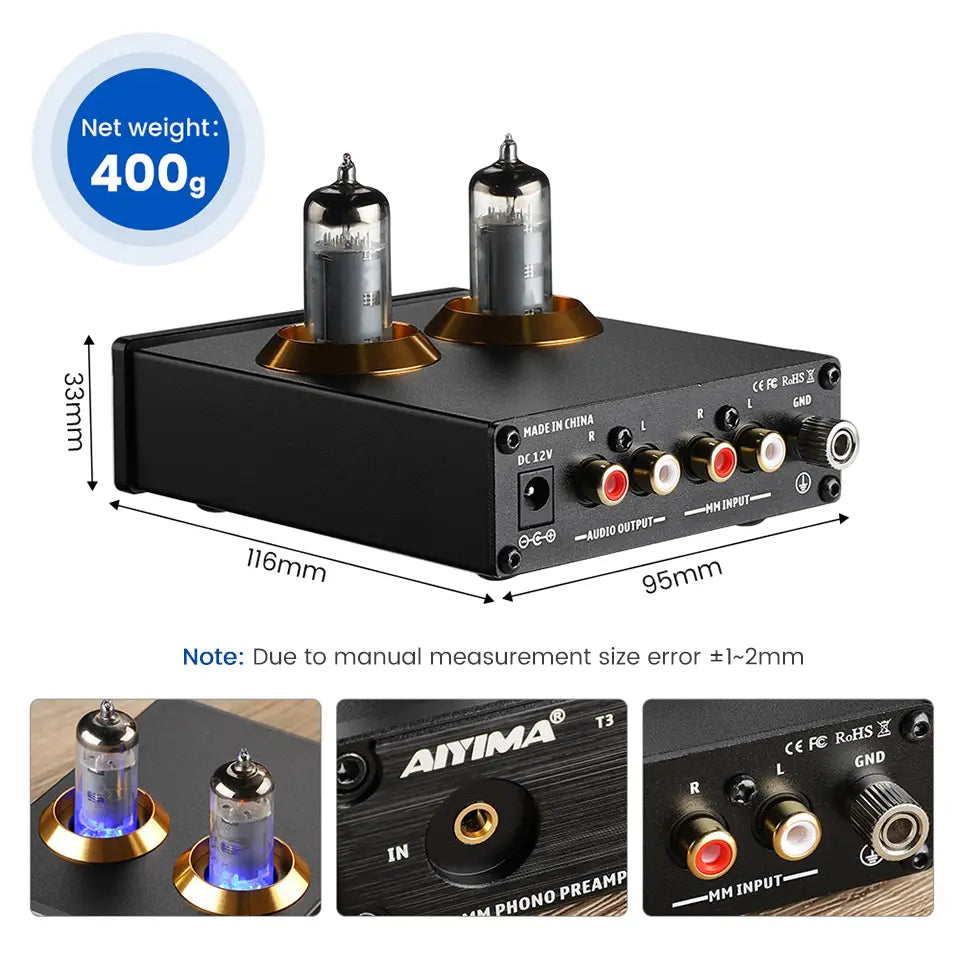 AIYIMA T3 HiFi Vacuum 6A2 Tube MM Phono Preamplifier Vinyl Record Player Stereo Tube Pre amp Amplifier Turntable Phonograph 12V