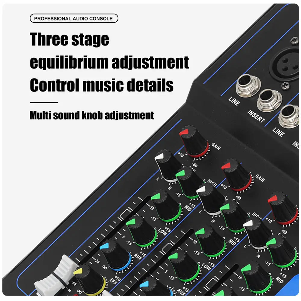 Professional 6 channel Audio mixer DJ karaoke Mixing Console With USB Interface Sound Card BT 48V for Karaoke Party PC Recording