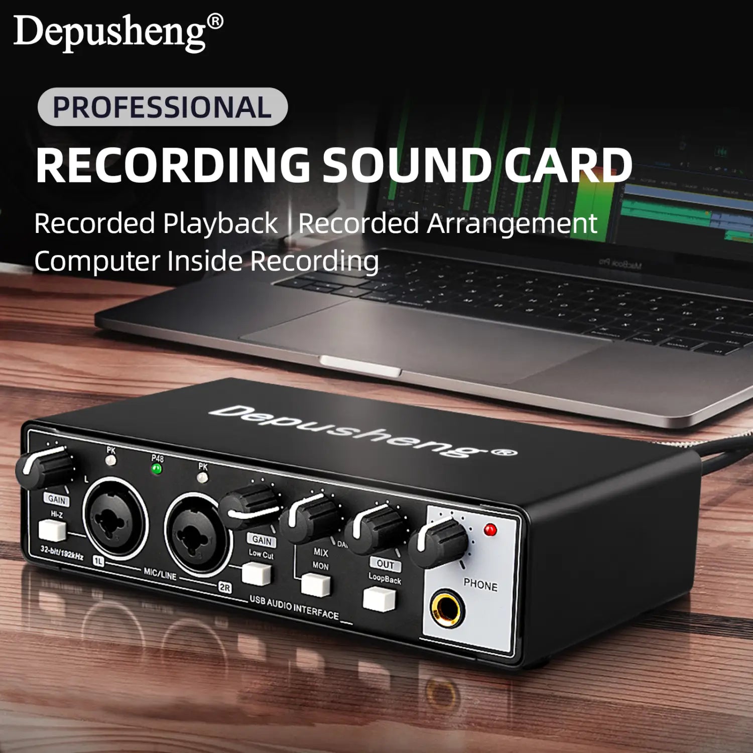 Audio Interface Depusheng MD22 USB 3.0 Sound Card with Monitoring Electric Guitar Live Recording For Studio Singing Micro