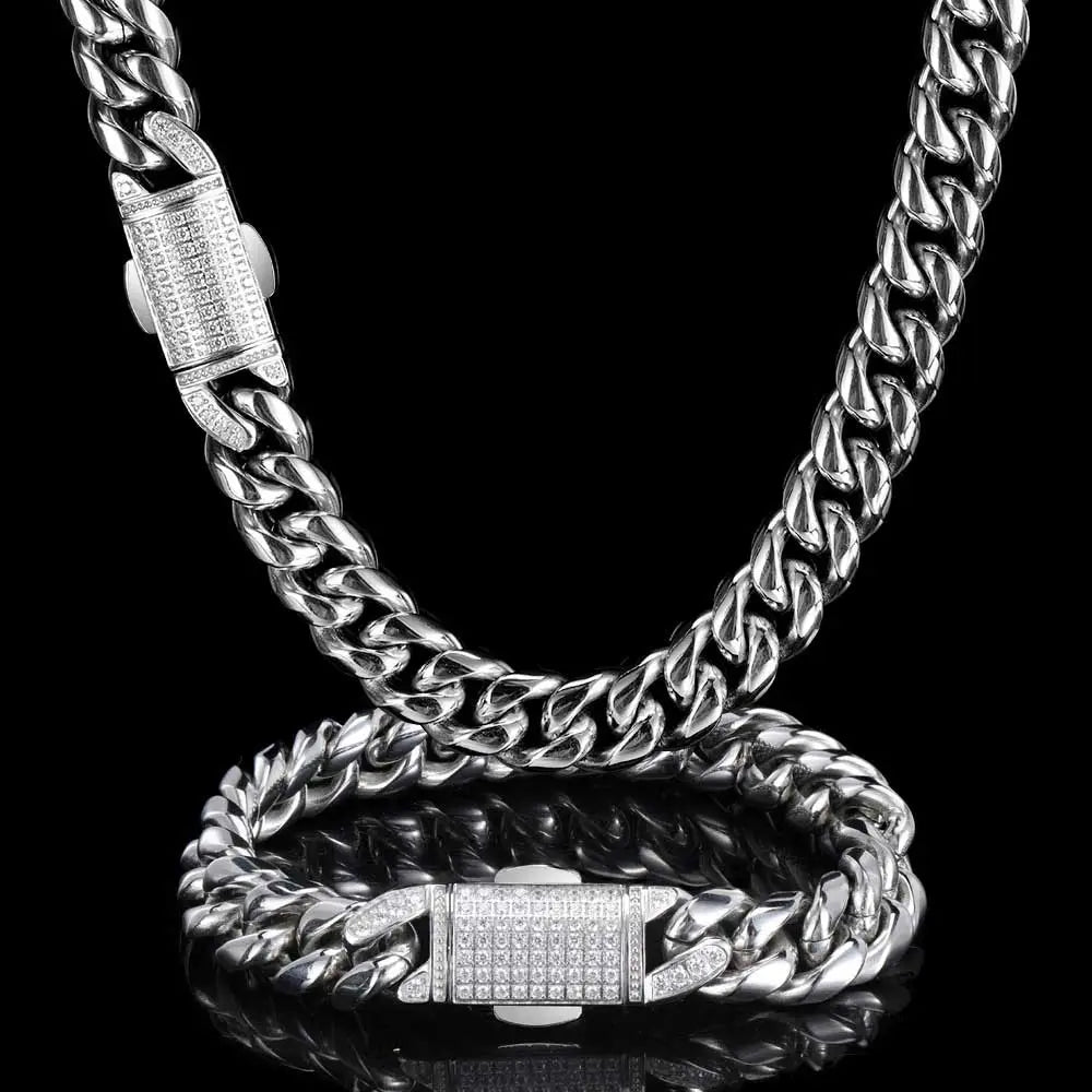 12mm Hip Hop Stainless Steel Jewelry Homme Cadena Luxury Miami Cuban Link Chain Men Rapper Rock Necklace