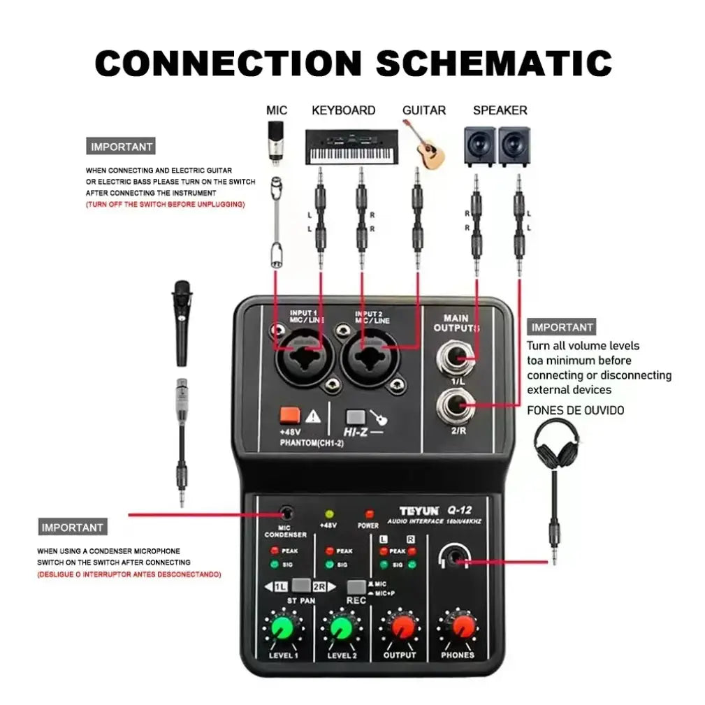 2 Channels Professional Audio Interface Sound Card Console Portable Mini USB MIXER for Guitar Recording Studio Singing TEYUN Q12