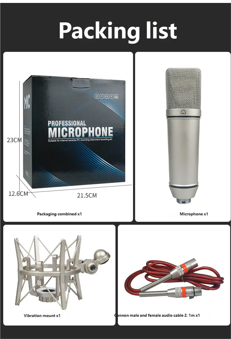 Top Studio Metal U87 Condenser Microphone Professional Cardioid Studio Mic for Recording Podcasting Voice Over Streaming Home