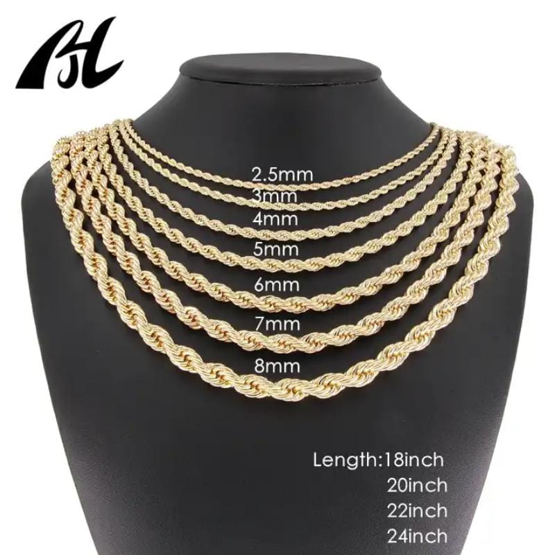 Hip Hop Non Tarnish 2.5MM 3MM 4MM 5MM 8MM PVD 18K Gold Plated Twist Rope Link Necklace Copper Brass Chain Jewelry