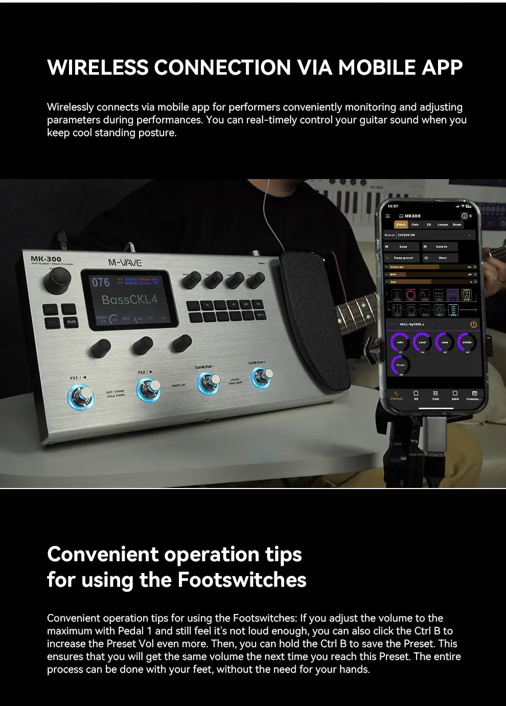 M-VAVE MK-300 Guitar Bass Multi-Effect Processor with 150s Looper 128 Drums MIDI DAW 120AMP 10h Battery ANN Neural Modeling
