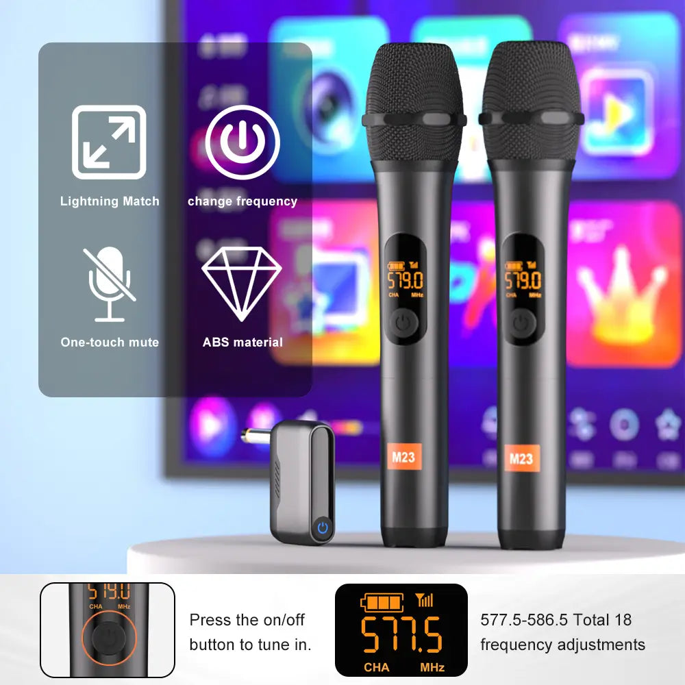 Wireless Microphone M23 UHF 2 Channel Karaoke System With Rechargeable Receiver Cordless Handheld Mic For Church Party Speaker