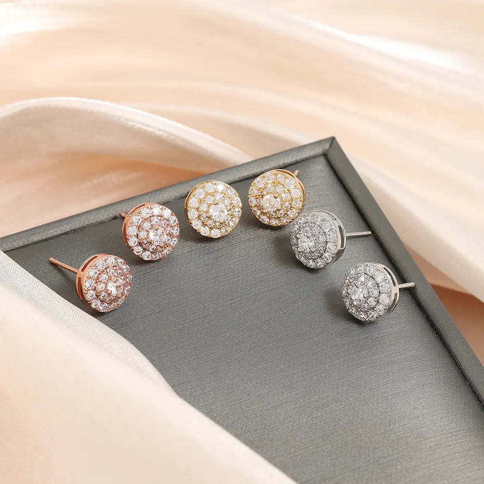 Hiphop Rock Round Copper Zirconia Stud Earrings For Men Women Silver/Gold Color Metal Crystal Earring Party Ear Jewelry Gifts