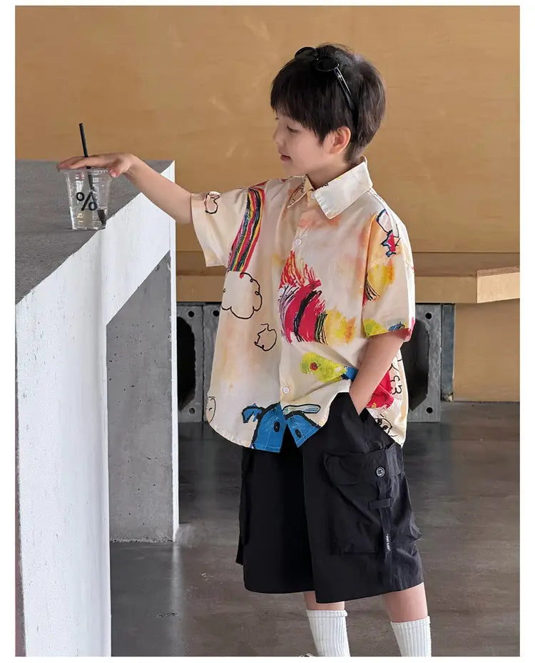 Hiphop Fashion Style Kids Boy Hip Hop Shirt with Drawings Baby Child Hiphop Rapper Dance Clothes Y2K Streetwear Clothes Tops