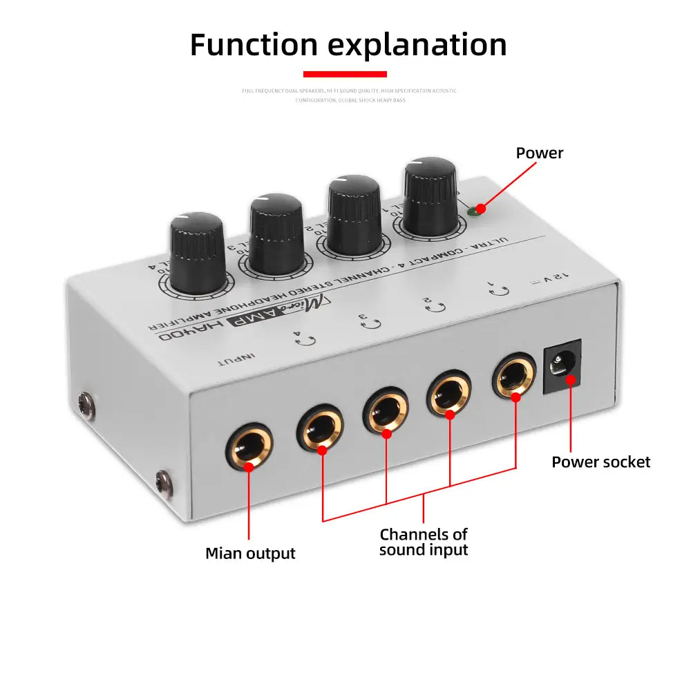 Headphone Amplifier Ultra-Compact Stereo Earphone Amplifier Audio Amplifier 4 Channels for Music 6.35MM Jack with Volume Control
