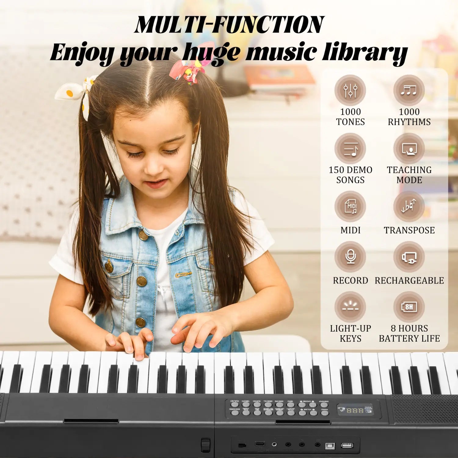 61 Keys Portable Keyboard Piano 1000 Tones 150 Demo Songs Folding Electronic Keyboard Piano Black