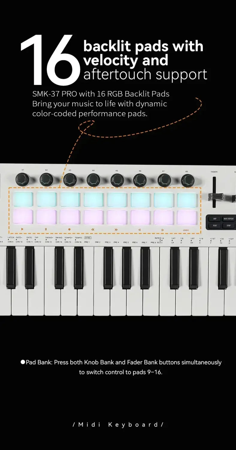 M-VAVE SMK-37 Pro Keyboard 37 Key MIDI Controller With Built-in Synth Engine 8 Knobs + 16 RGB Pads 37 Key MIDI Controller