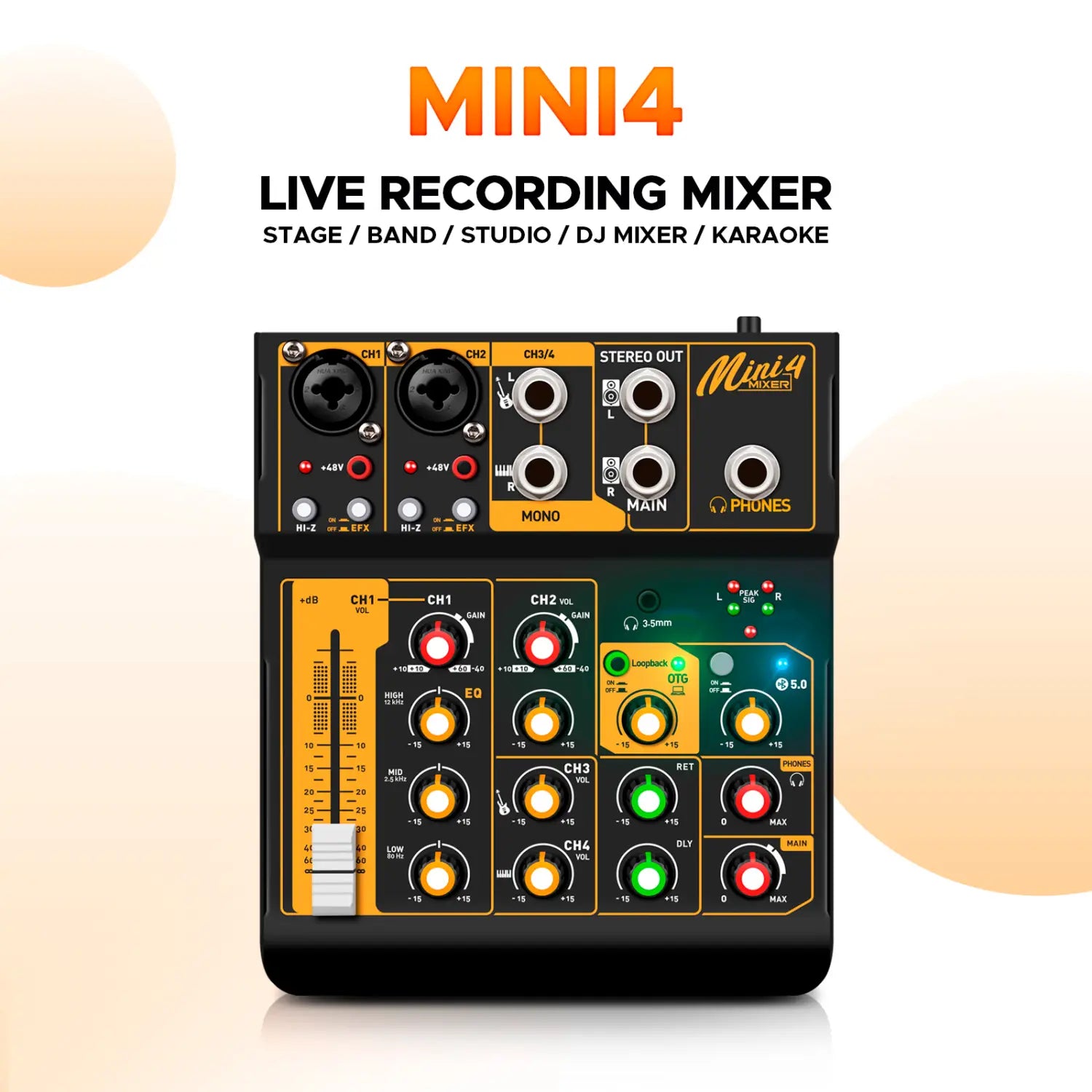 Debra OTG Audio Mixer DJ Console Mini4 Interface Bluetooth 48V Power Delay Repaeat Effect For Sound Mixing Console PC Recording
