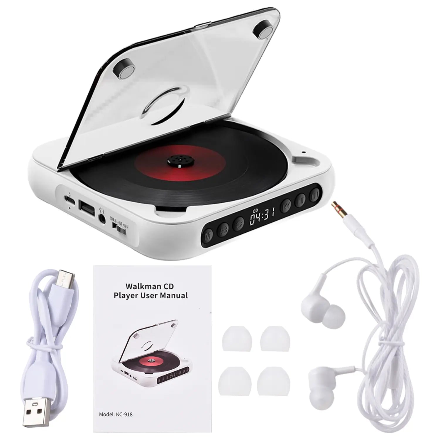 KC-918 CD Player Portable BT Music Player CD Runner Dustproof Cover 6 Modes A-B Repeat Timer Remote Control External Playback