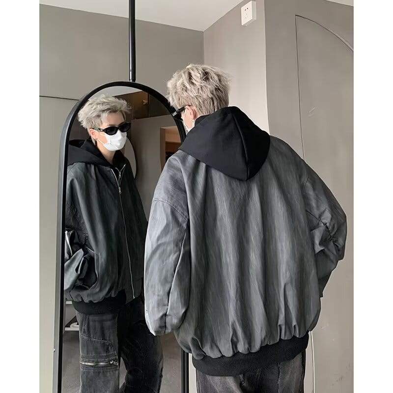 Hip Hop Style Fake Two-Piece Men’s Spring Autumn Baseball Jacket Pilot Coat Leather Shirt Trendy Handsome Hooded Coat