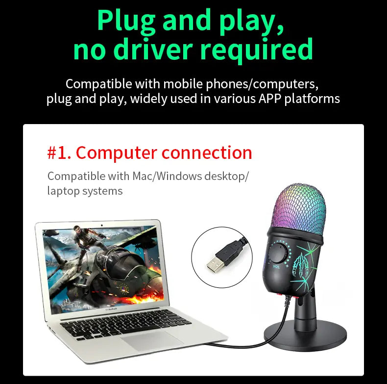 Gaming Microphone USB Microphone for PC Condenser Podcast Mic for Studio Recording with Headphone Jack Led Noise Cancellation