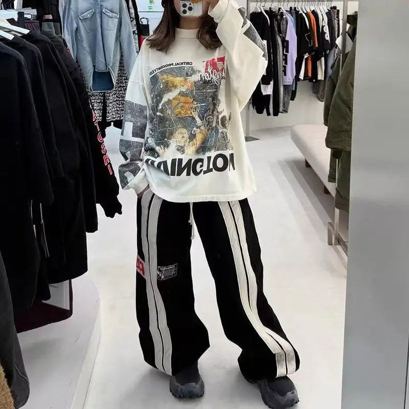 Hip Hop Letters Logo Graphics Print RRR123 Long Sleeve T Shirt Men Women Top Quality Cotton Oversized Vintage Black T-Shirt