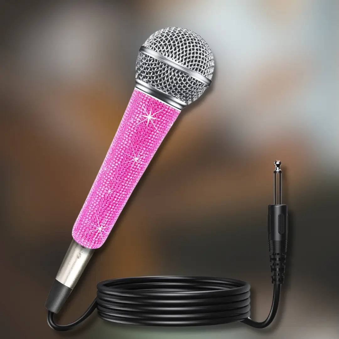 Professional Bling Pink Karaoke Microphone - Dynamic Vocal Mic with XLR Cable Metal Body Sparkle Handle for Singing Parties