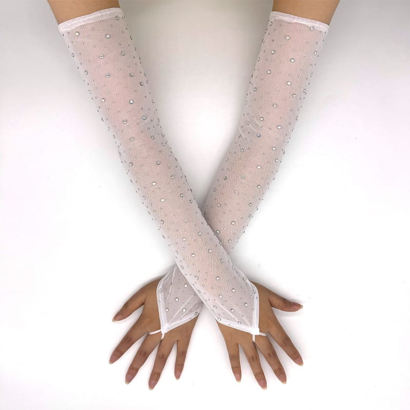 49CM Women Fashion Electronic Music Festival Sexy Mesh Shiny Hook Finger Gloves Elasticity Thin Cosplay Stage Performance
