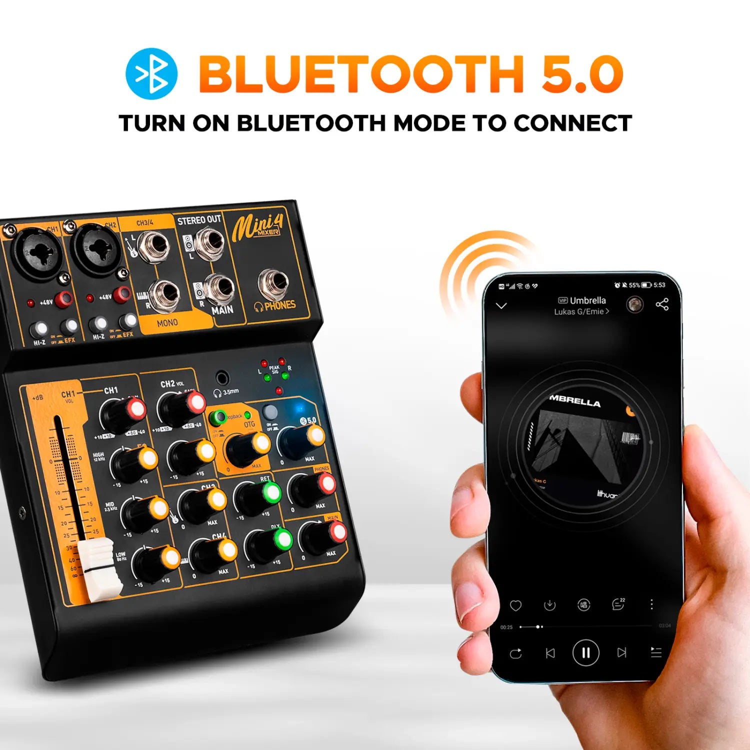 Debra OTG Audio Mixer DJ Console Mini4 Interface Bluetooth 48V Power Delay Repaeat Effect For Sound Mixing Console PC Recording