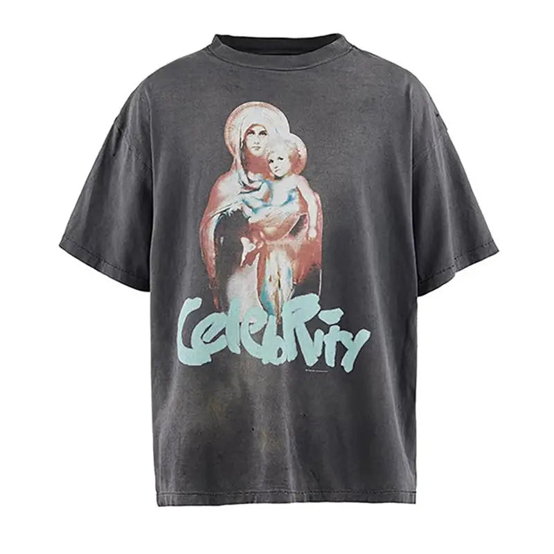 Hip Hop Retro Racing Style Graffiti Color Blocking Saint Micheal T-Shirt Men Women High Quality Oversized T Shirt Tee Tops