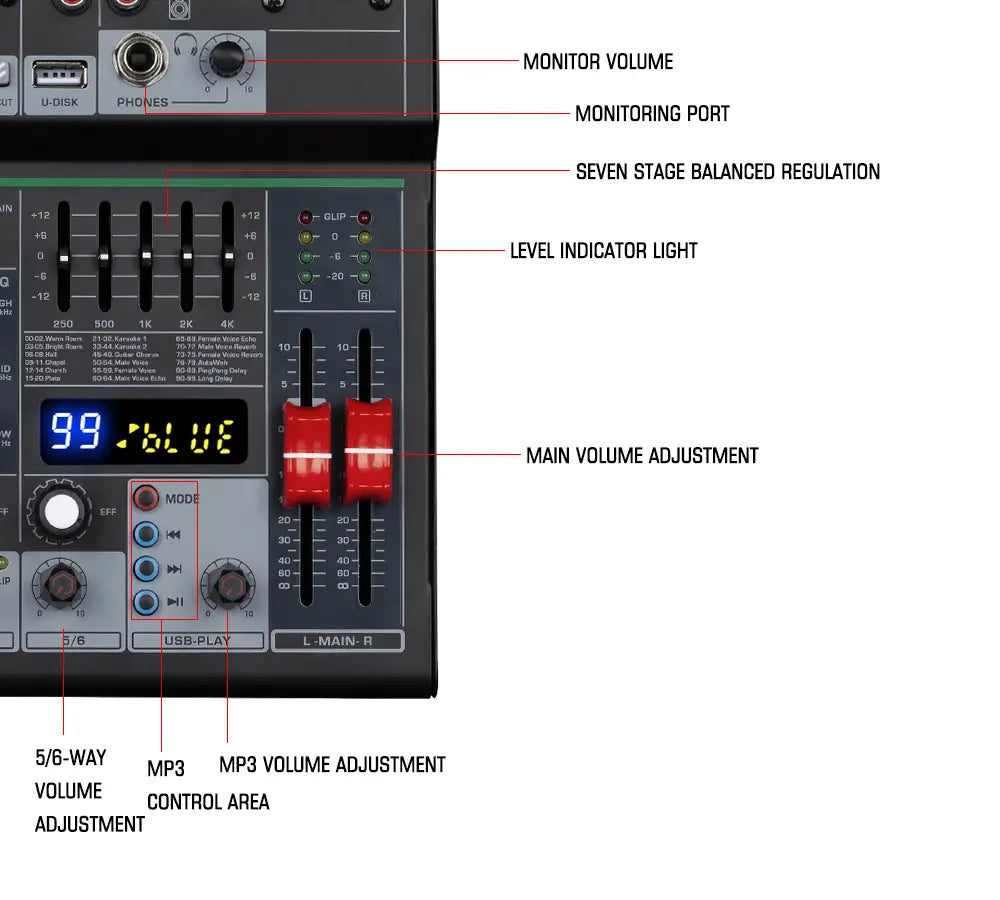 Professional DJ Party High Quality Music Recording Singing 6 Channel Audio Mixer Console