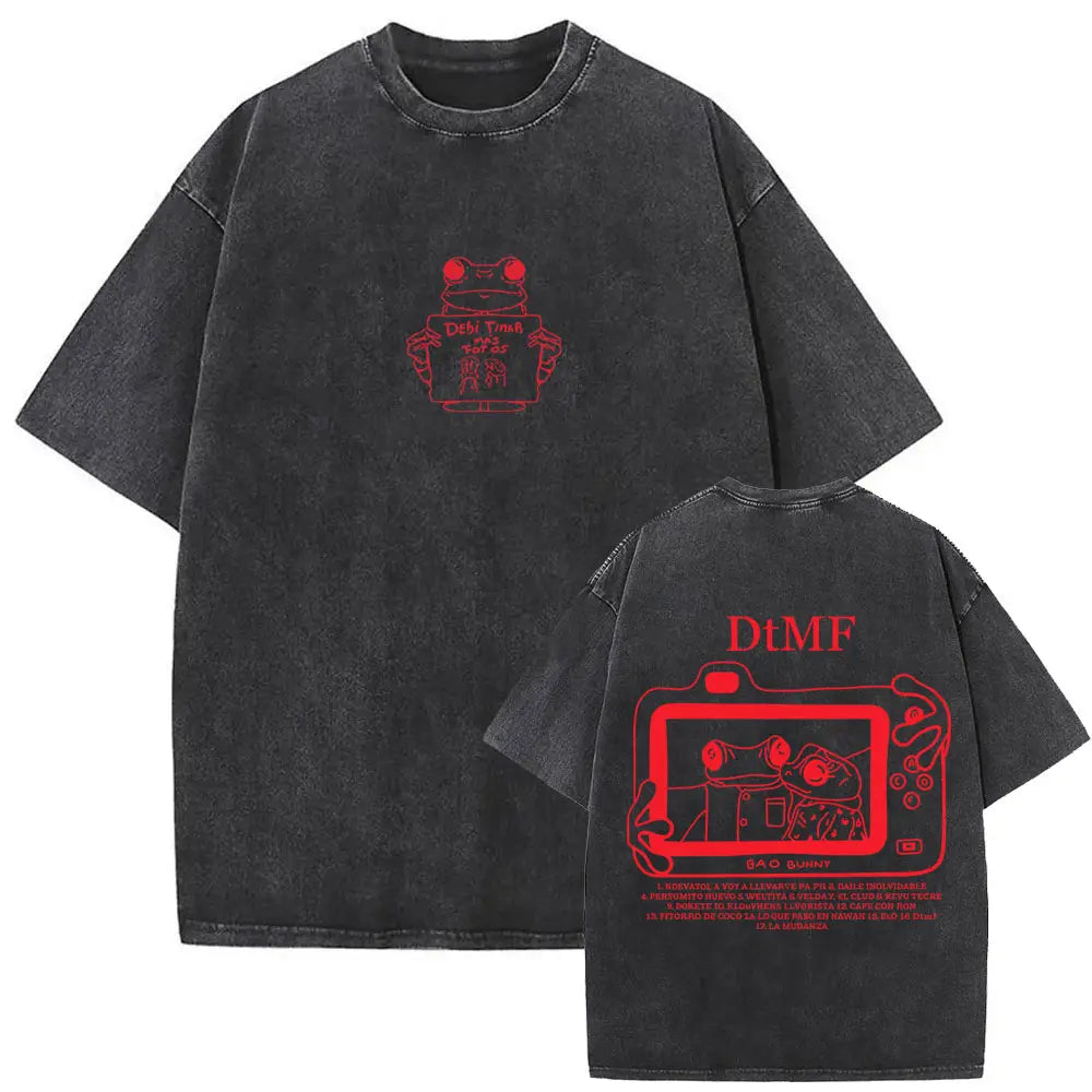 Rapper Bad Bunny Washed Vintage T-shirt Debi Tirar Mas Fotos DTMF World Tour 2026 T Shirts Men Women Fashion Hip Hop T-shirts