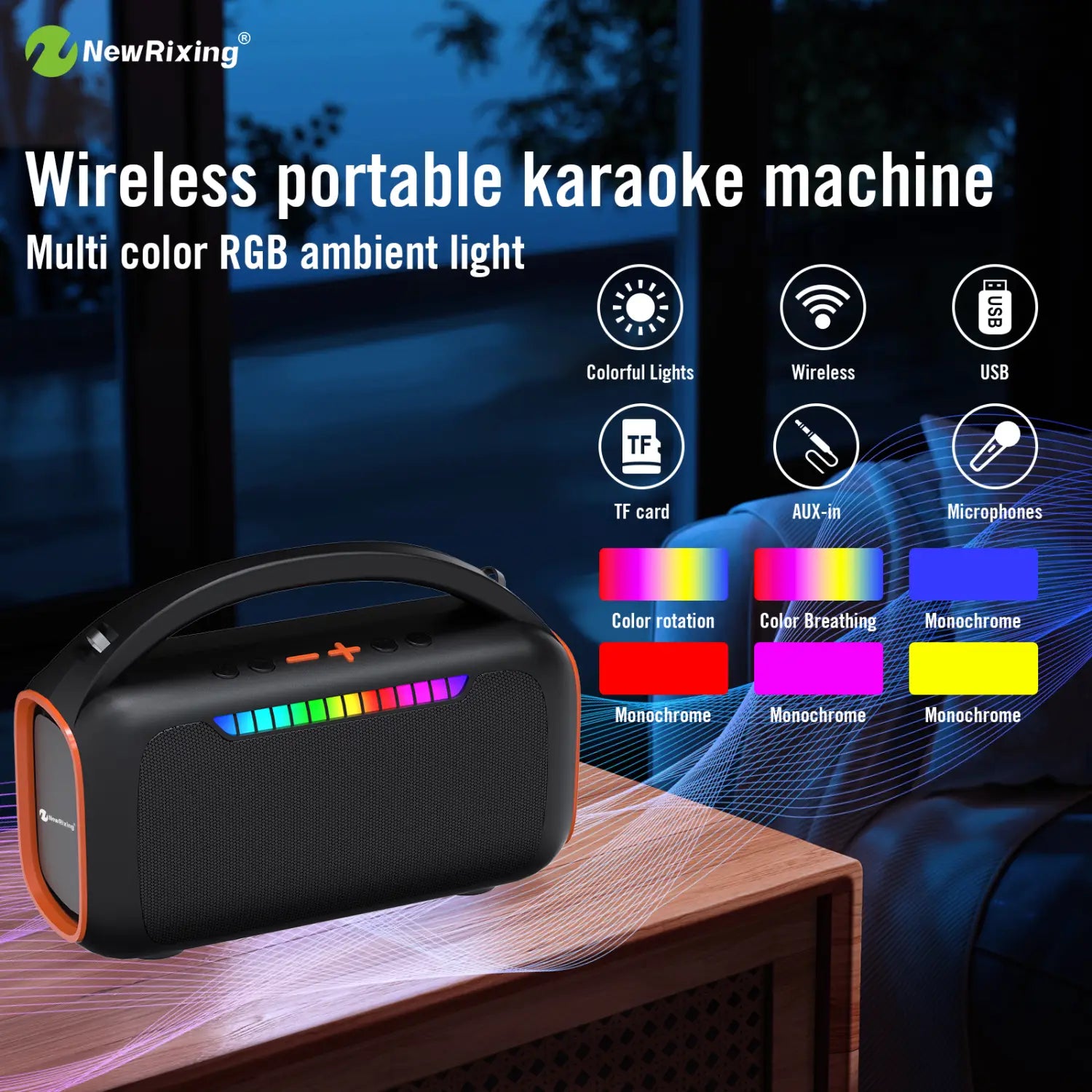 Karaoke machine with 2 mics,portable karaoke system,RBG light,30W,automatic connection when turned on,For BT5.3/USB/TF/AUX
