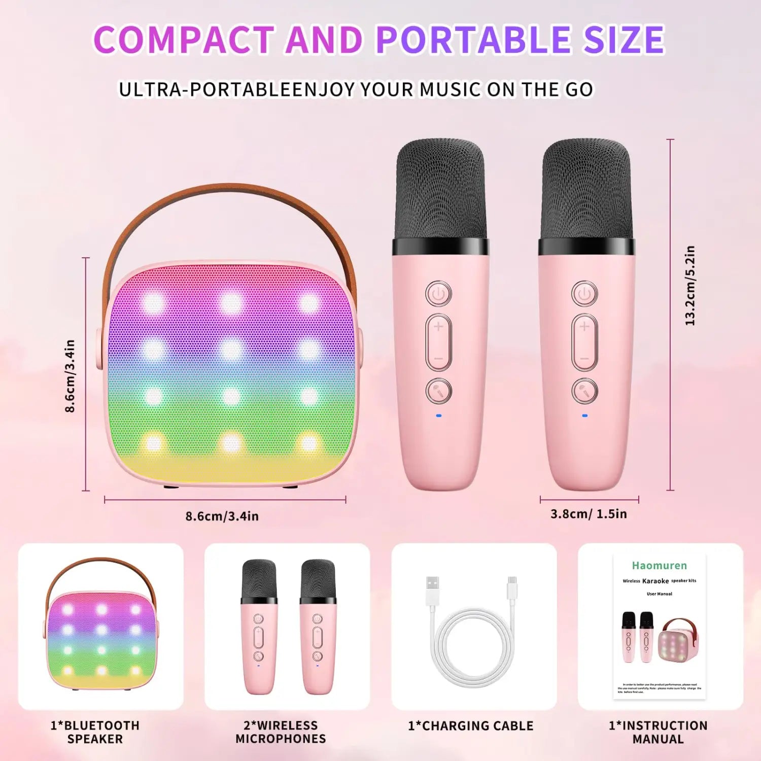 Haomuren Mini Karaoke Machine Portable Bluetooth 5.3 PA Speaker with Wireless Microphones for Home Family Singing Gift K12