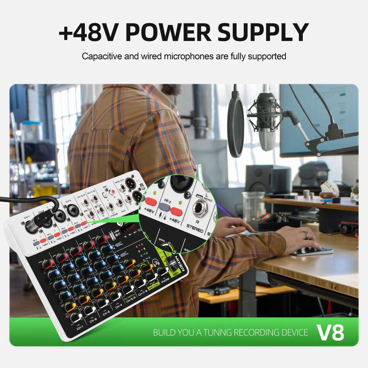 4/8 Channel Audio Mixer DJ Controller Sound Mixing Console With Bluetooth Phantom Power Delay Repaeat Effect For PC Recording