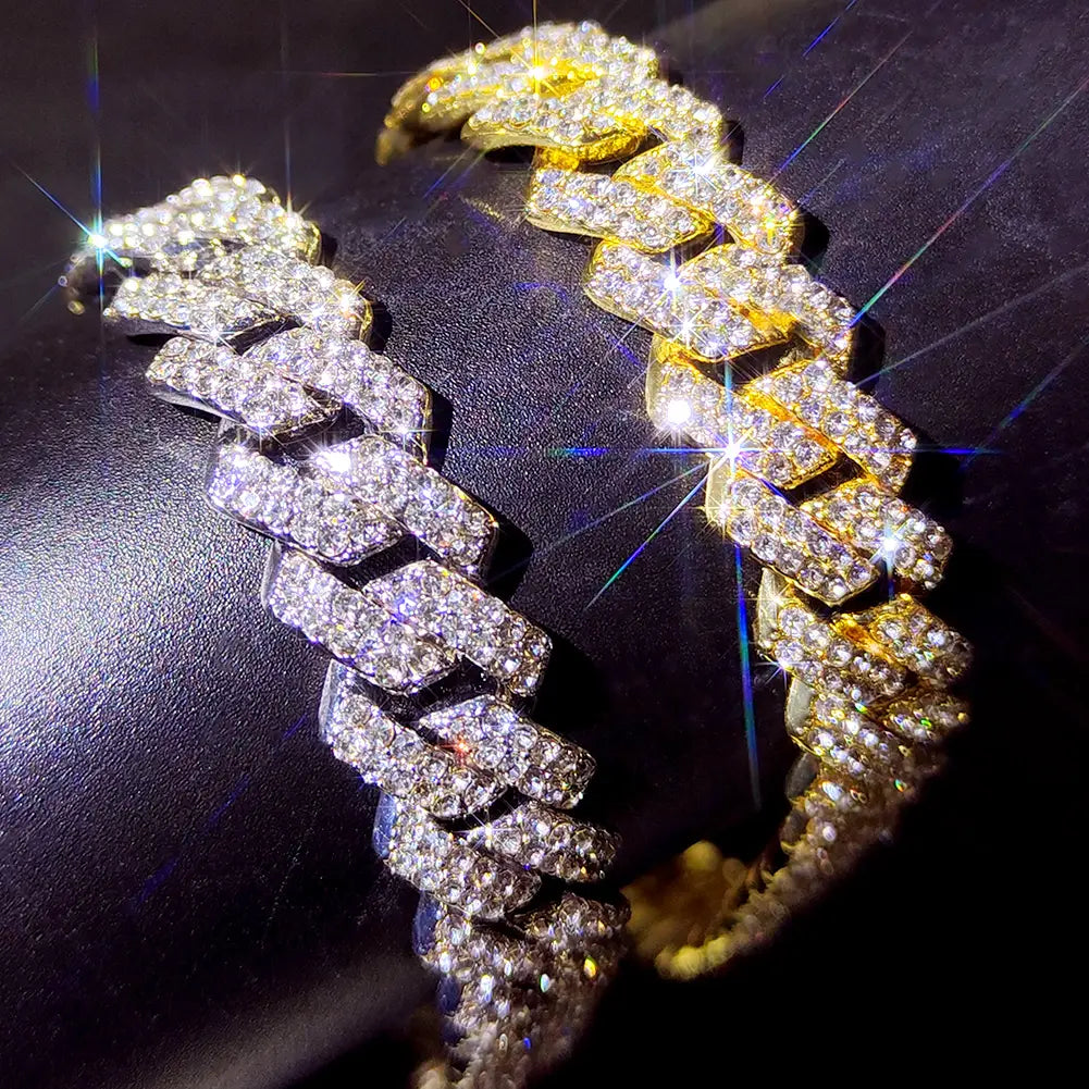 Hip Hop 14MM Prong Cuban Link Chain Necklace & Bracelet Iced Out Bling Cuban Chain Rhinestone Chains For Men Punk Rapper Jewelry