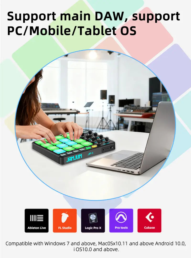 JAMJUM MIDI Controller Pad BT RGB Strike Pad Backlight MIDI Connection Low Latency 3.5mm Output Interface RGB Pad