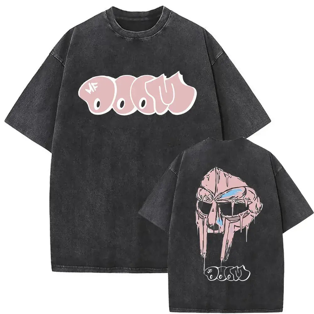 Street style casual T-shirt men’s and women’s hip-hop fashion short sleeve washed vintage rapper Mf Doom MM FOOD pattern T-shirt