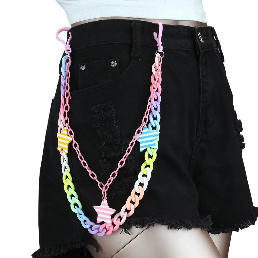 Bohemian Rainbow Resin Chain Keychains Men Women Hip Hop Waist Chain Multicolor Acrylic Flower Pants Trousers Chain Punk Jewelry