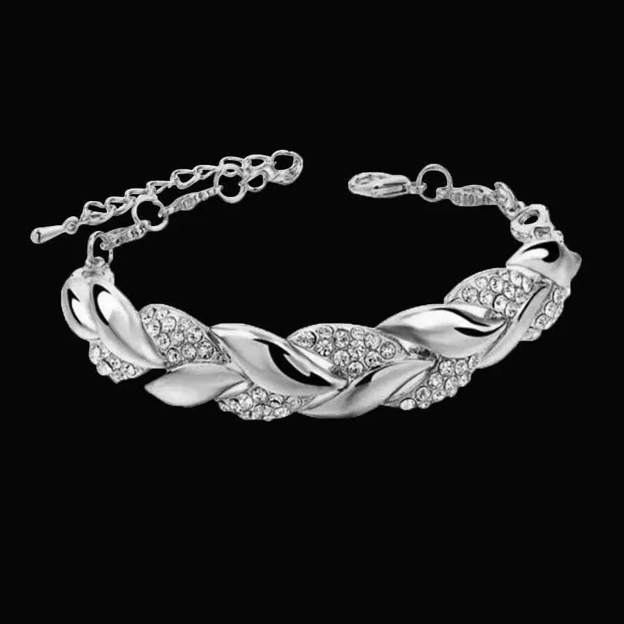 1PC Hip Hop Leaf Bracelet Women’s Gold Twisted Shining Crystal Stone Pendant Bracelet Elegant Adjustable Chain Daily Jewelry