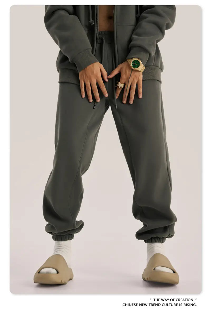 ZODF Trendy Men 345gsm Fleece Sweatpant Unisex Solid Color Loose Retro Hip Hop Winter Joggers Pants Brand Clothes HY0005