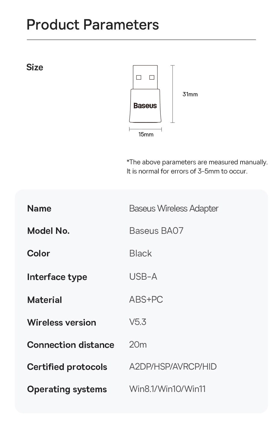 Baseus BA07 USB Bluetooth 5.3 Dongle Adapter for PC Speaker Wireless Mouse Keyboard Music Audio Receiver Transmitter Bluetooth