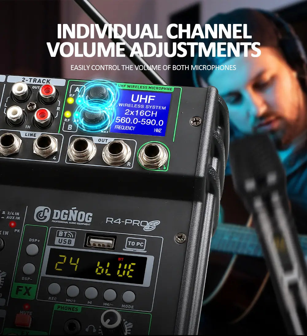 4 Channel Karaoke Audio Mixer with Dual UHF Wireless Microphone USB Bluetooth DJ Mixer for Party Computer Studio Recording DGNOG