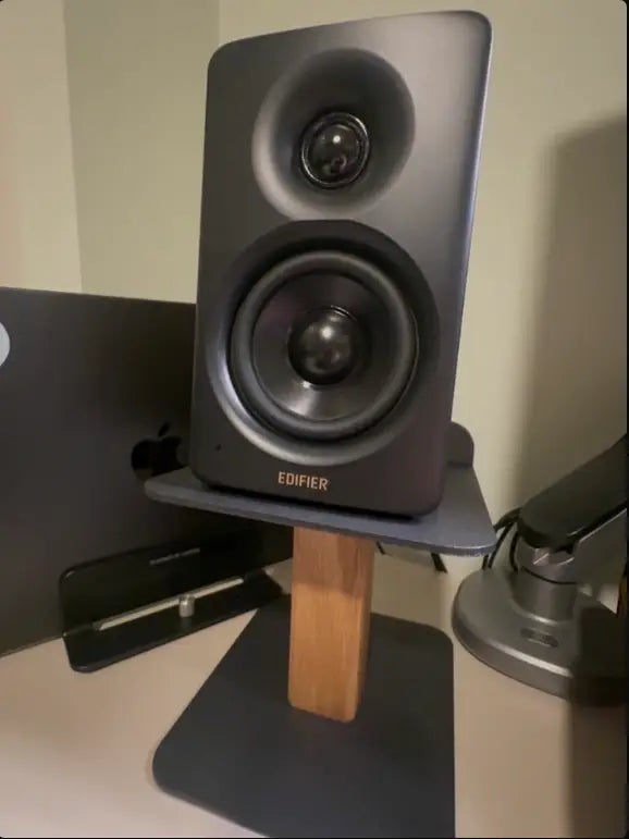 Walnut / Oak Wood Speaker Stand with Metal Base Home Office Audio Equipment Storage Solution Modern Desk Organizer Media Shelf
