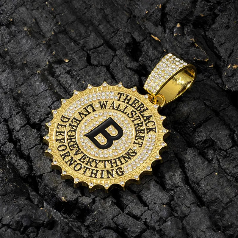 Hip Hop Round B Letter Pendant Necklace Men Gold Sliver Color Ice Out Crystal Sign Rock Pendant Rapper Bling Jewerly
