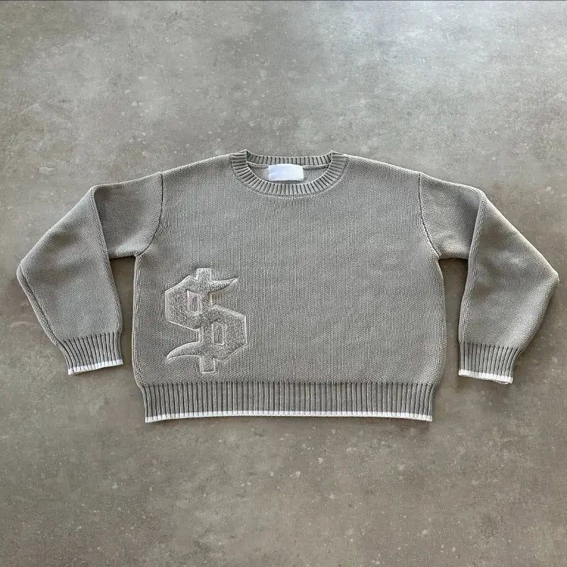 Hip Hop Dollar Logo Embroidery Streetwear Unisex Baggy Set 2 pcs Set Y2K Autumn Winter Retro Knitted Sweater Jeans Suit Trendy