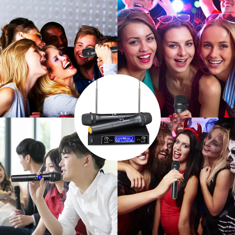 Karaoke Microphones UHF Professional 2 CH Cordless Dual Handheld Microphone Digital LCD Display Mic System Set for Party Wedding
